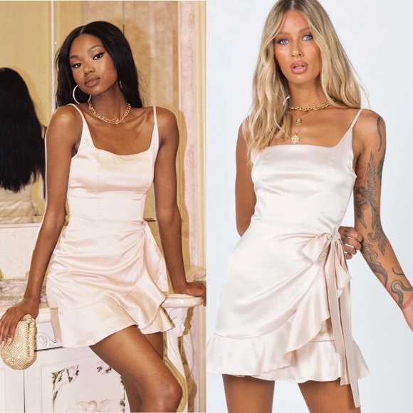 Princess Polly Dresses & Skirts - Princess Polly Cottage Hill Ruffle Wrap Satin Mini Dress Champagne